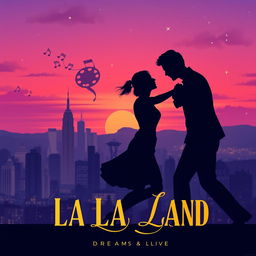 A vibrant and artistic movie poster for the film 'La La Land', featuring a dreamy city skyline at twilight with a gradient of purple and orange hues in the sky