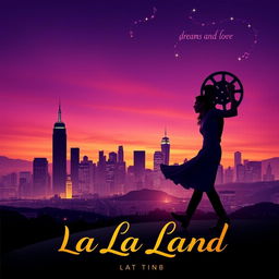 A vibrant and artistic movie poster for the film 'La La Land', featuring a dreamy city skyline at twilight with a gradient of purple and orange hues in the sky