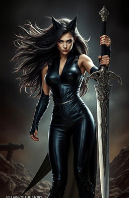 A powerful woman in a sleek black battle suit, her hair resembling that of a wolf flowing fiercely around her