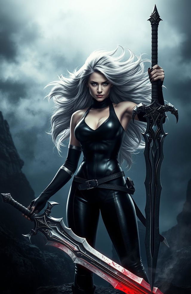 A powerful woman in a sleek black battle suit, her hair resembling that of a wolf flowing fiercely around her