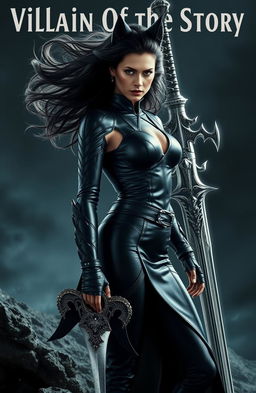 A powerful woman in a sleek black battle suit, her hair resembling that of a wolf flowing fiercely around her