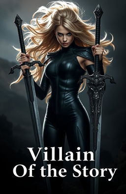 A powerful woman in a sleek black battle suit, her hair resembling that of a wolf flowing fiercely around her