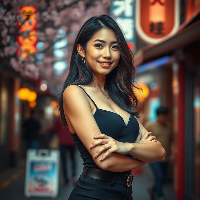 A captivating Japanese woman exuding confidence and charm, showcasing her beautiful figure