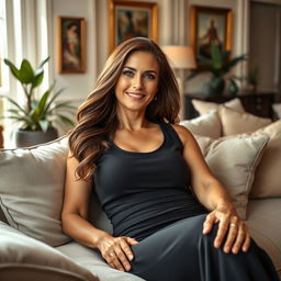 A stunning mature woman lounging on a luxurious sofa in an elegant living room