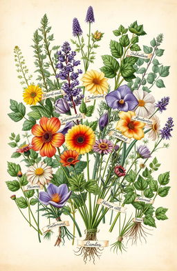 An intricately designed botanical illustration of a diverse selection of plants, showcasing vibrant colors and detailed textures