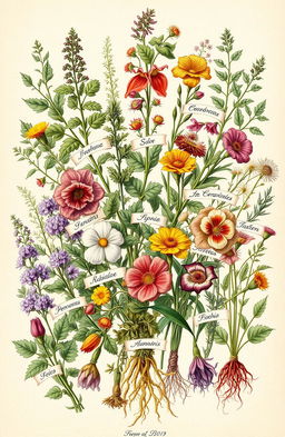 An intricately designed botanical illustration of a diverse selection of plants, showcasing vibrant colors and detailed textures
