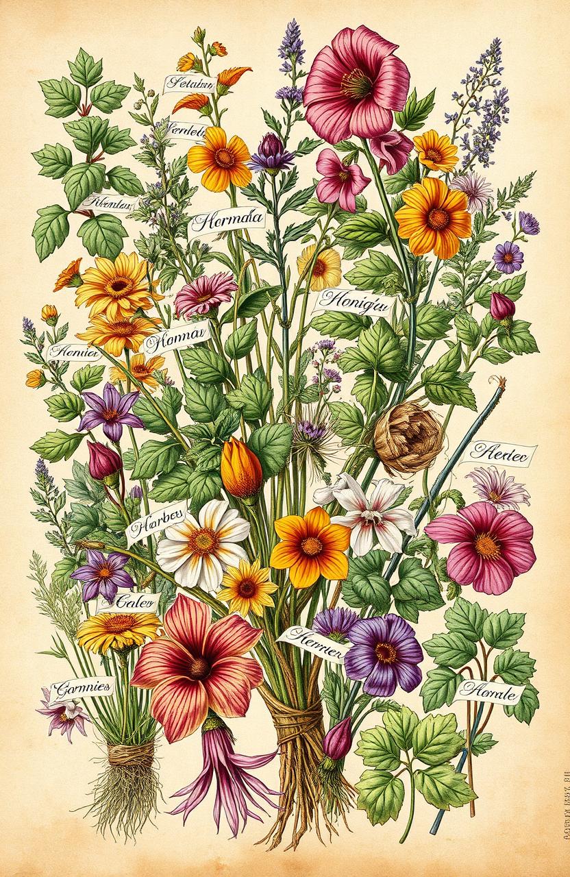 An intricately designed botanical illustration of a diverse selection of plants, showcasing vibrant colors and detailed textures