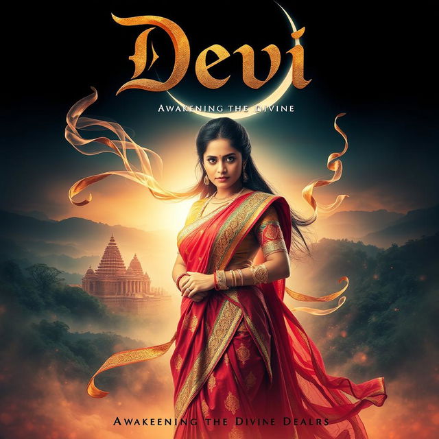 A mesmerizing cinematic movie poster for a film titled 'Devi', showcasing a powerful female protagonist dressed in ornate, colorful traditional attire that symbolizes strength and resilience