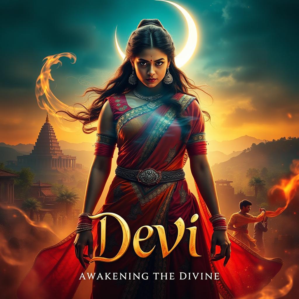 A mesmerizing cinematic movie poster for a film titled 'Devi', showcasing a powerful female protagonist dressed in ornate, colorful traditional attire that symbolizes strength and resilience