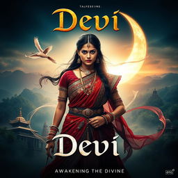 A mesmerizing cinematic movie poster for a film titled 'Devi', showcasing a powerful female protagonist dressed in ornate, colorful traditional attire that symbolizes strength and resilience