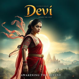 A mesmerizing cinematic movie poster for a film titled 'Devi', showcasing a powerful female protagonist dressed in ornate, colorful traditional attire that symbolizes strength and resilience