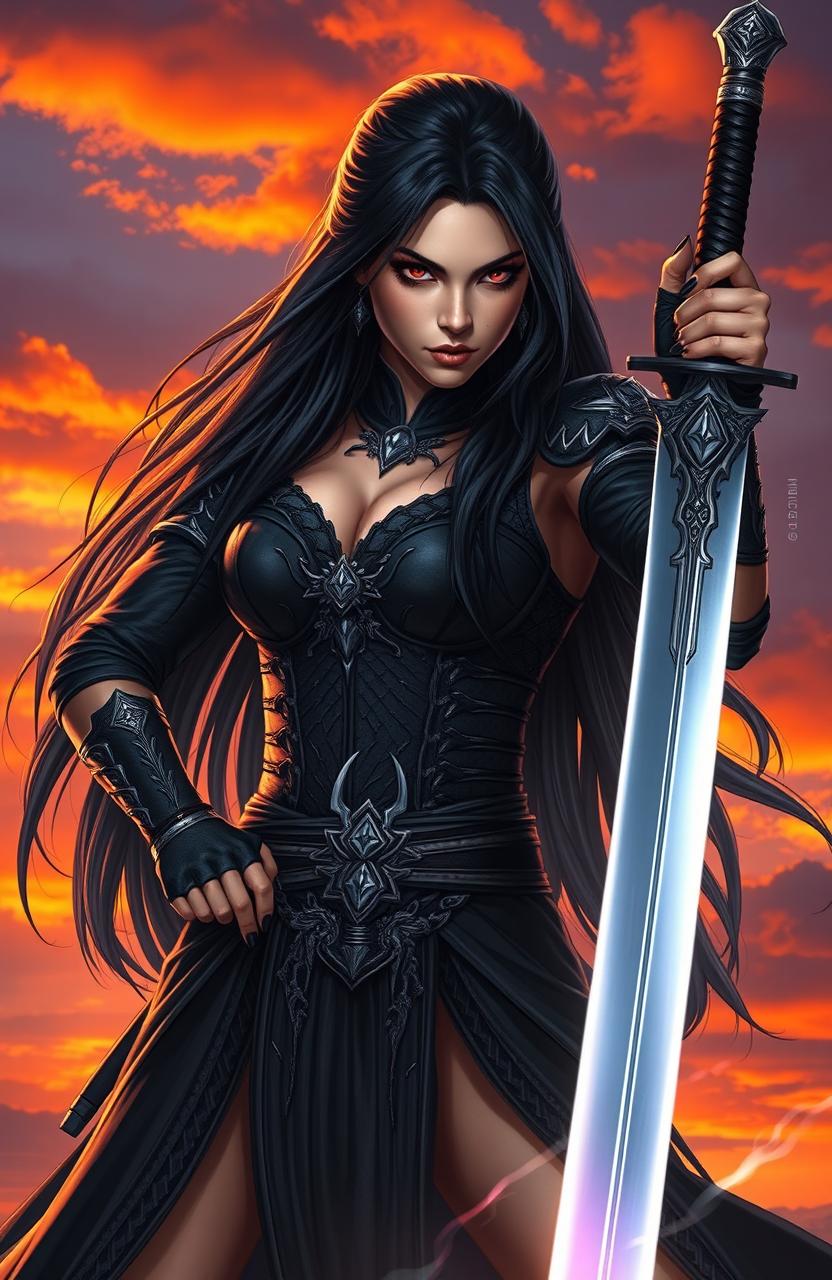 A fierce woman with long flowing black hair and striking red eyes, standing heroically while gripping a beautifully designed long sword