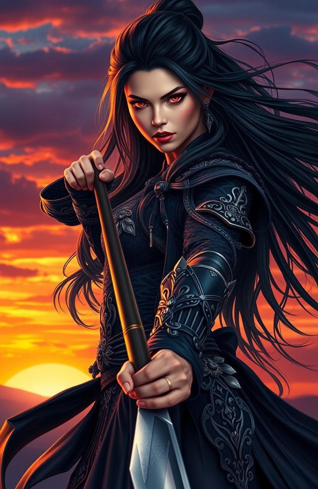 A fierce woman with long flowing black hair and striking red eyes, standing heroically while gripping a beautifully designed long sword