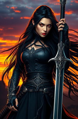 A fierce woman with long flowing black hair and striking red eyes, standing heroically while gripping a beautifully designed long sword