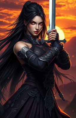A fierce woman with long flowing black hair and striking red eyes, standing heroically while gripping a beautifully designed long sword