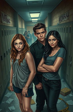 A thrilling and mysterious scene set in a school environment, capturing the essence of a murder mystery titled 'Dying Summers'