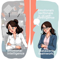 A visually engaging illustration depicting Sarah, a professional woman in a work setting, experiencing contrasting emotional states