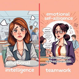 A visually engaging illustration depicting Sarah, a professional woman in a work setting, experiencing contrasting emotional states