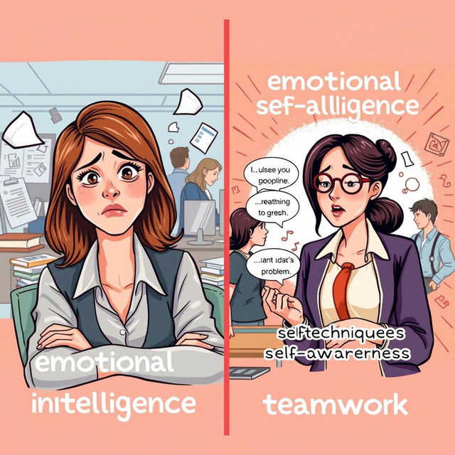 A visually engaging illustration depicting Sarah, a professional woman in a work setting, experiencing contrasting emotional states