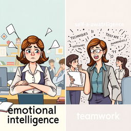 A visually engaging illustration depicting Sarah, a professional woman in a work setting, experiencing contrasting emotional states
