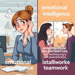 A visually engaging illustration depicting Sarah, a professional woman in a work setting, experiencing contrasting emotional states