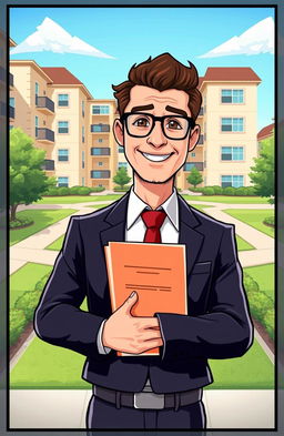 An illustration depicting an experienced property management professional, wearing a business suit, standing confidently in front of a residential building complex