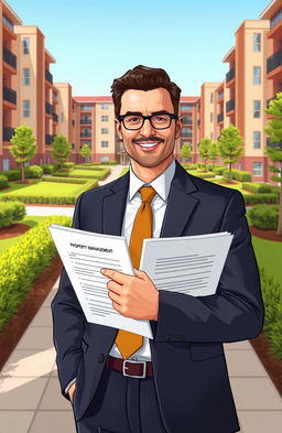 An illustration depicting an experienced property management professional, wearing a business suit, standing confidently in front of a residential building complex