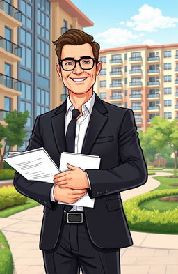 An illustration depicting an experienced property management professional, wearing a business suit, standing confidently in front of a residential building complex