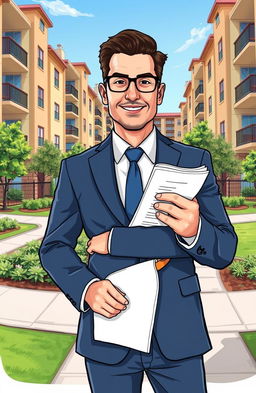 An illustration depicting an experienced property management professional, wearing a business suit, standing confidently in front of a residential building complex