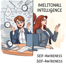 An insightful illustration depicting Sarah, a professional woman in a modern office environment, facing the duality of her emotional journey