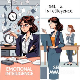 An insightful illustration depicting Sarah, a professional woman in a modern office environment, facing the duality of her emotional journey