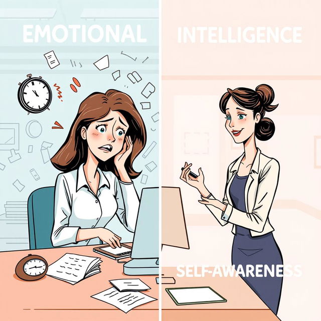 An insightful illustration depicting Sarah, a professional woman in a modern office environment, facing the duality of her emotional journey