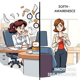 An insightful illustration depicting Sarah, a professional woman in a modern office environment, facing the duality of her emotional journey