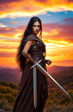 A striking woman with long black hair, dressed in a flowing warrior's outfit, stands confidently as she holds a gleaming sword