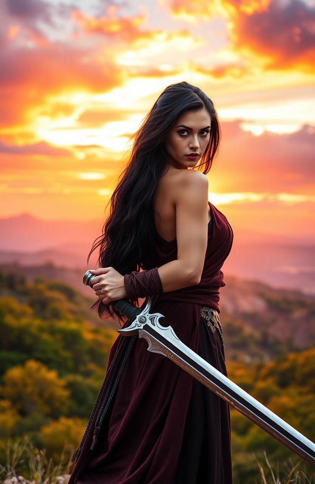 A striking woman with long black hair, dressed in a flowing warrior's outfit, stands confidently as she holds a gleaming sword