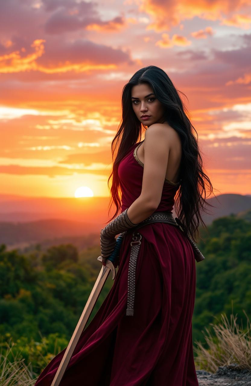 A striking woman with long black hair, dressed in a flowing warrior's outfit, stands confidently as she holds a gleaming sword