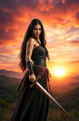 A striking woman with long black hair, dressed in a flowing warrior's outfit, stands confidently as she holds a gleaming sword