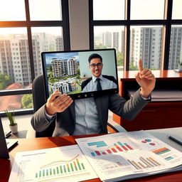 A dynamic and professional depiction of a 'Penata Kelola Perumahan Ahli Pertama' (First Expert in Housing Management) at their workplace