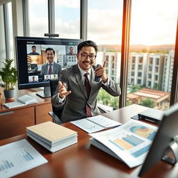 A dynamic and professional depiction of a 'Penata Kelola Perumahan Ahli Pertama' (First Expert in Housing Management) at their workplace