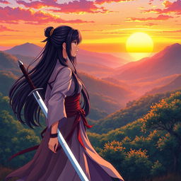 An anime-style illustration of a striking woman with long black hair, elegantly dressed in a flowing warrior's outfit, holding a shining sword