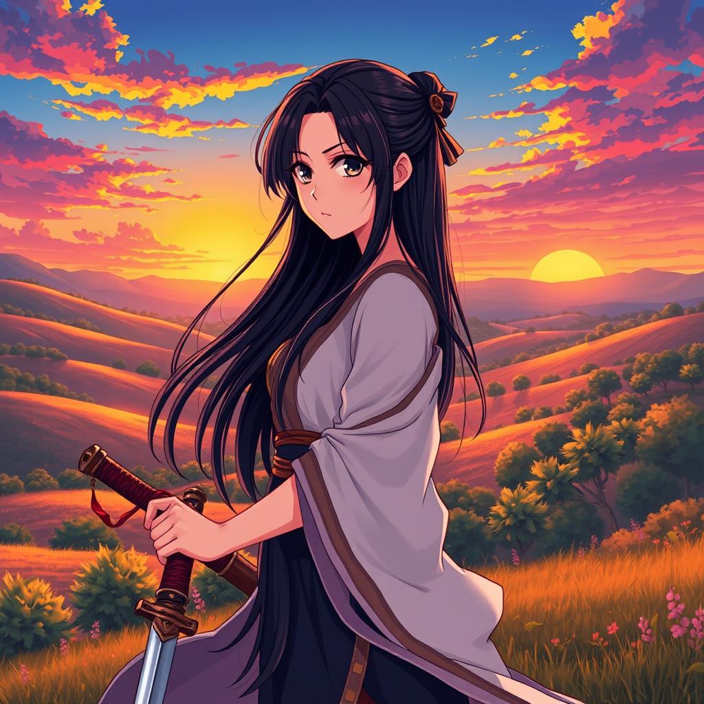 An anime-style illustration of a striking woman with long black hair, elegantly dressed in a flowing warrior's outfit, holding a shining sword