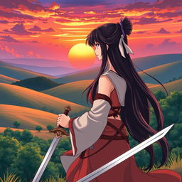 An anime-style illustration of a striking woman with long black hair, elegantly dressed in a flowing warrior's outfit, holding a shining sword