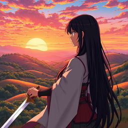 An anime-style illustration of a striking woman with long black hair, elegantly dressed in a flowing warrior's outfit, holding a shining sword