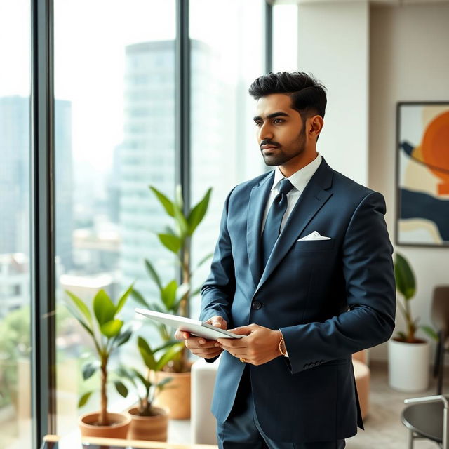 A professional Indian executive in a modern office setting