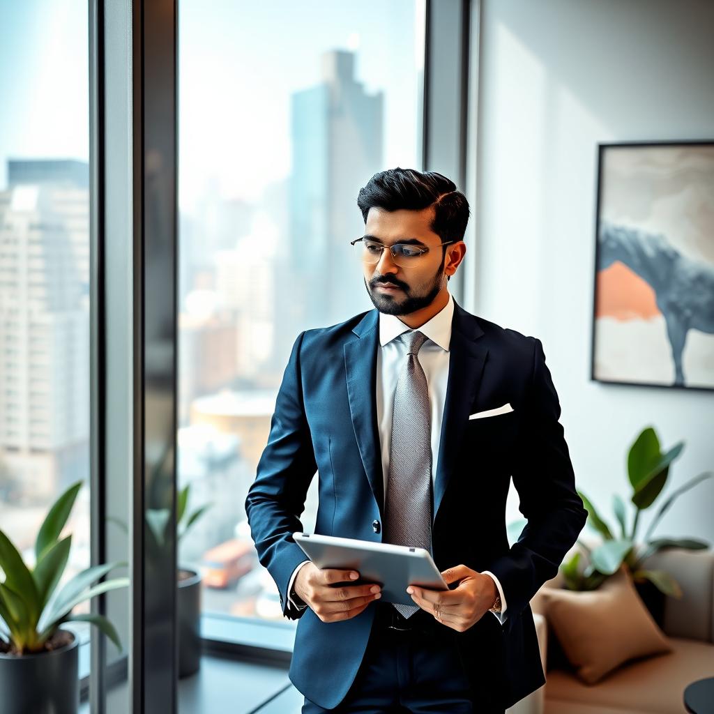 A professional Indian executive in a modern office setting