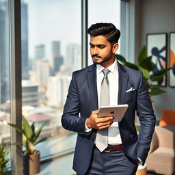 A professional Indian executive in a modern office setting