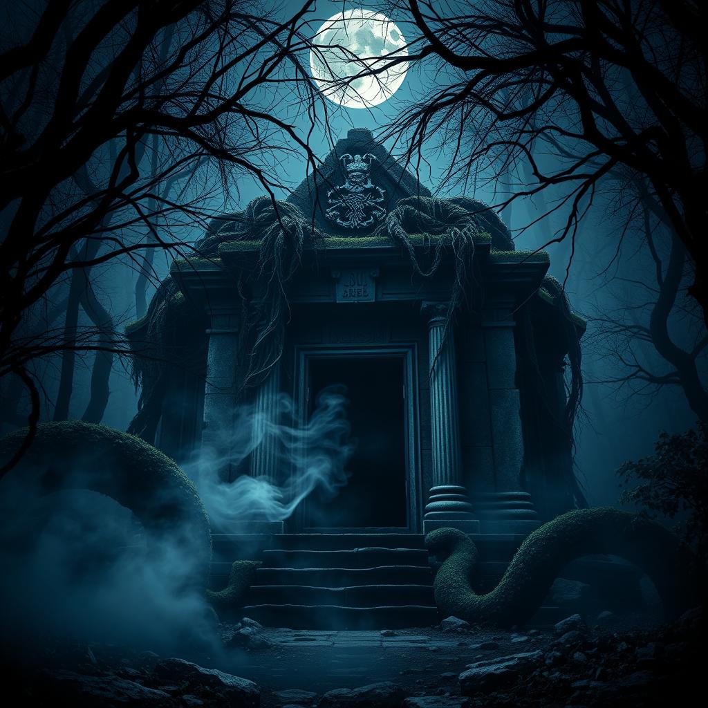 A cinematic poster featuring a spooky, atmospheric scene set in front of an ancient temple