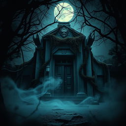 A cinematic poster featuring a spooky, atmospheric scene set in front of an ancient temple