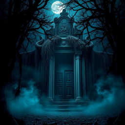 A cinematic poster featuring a spooky, atmospheric scene set in front of an ancient temple