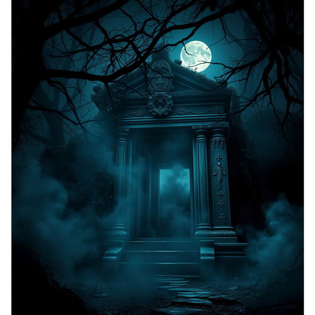 A cinematic poster featuring a spooky, atmospheric scene set in front of an ancient temple